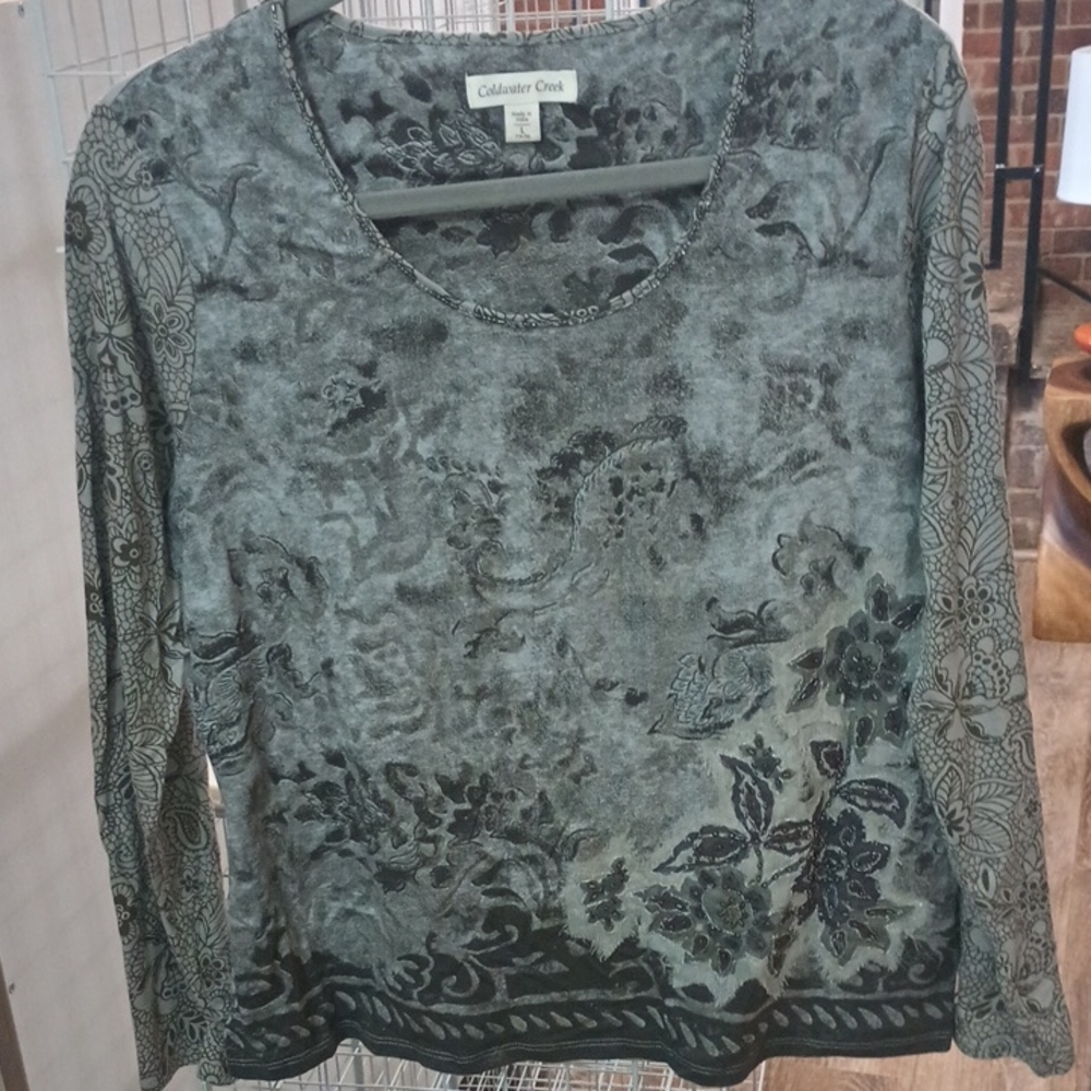 Coldwater Creek Floral Green and Black Blouse